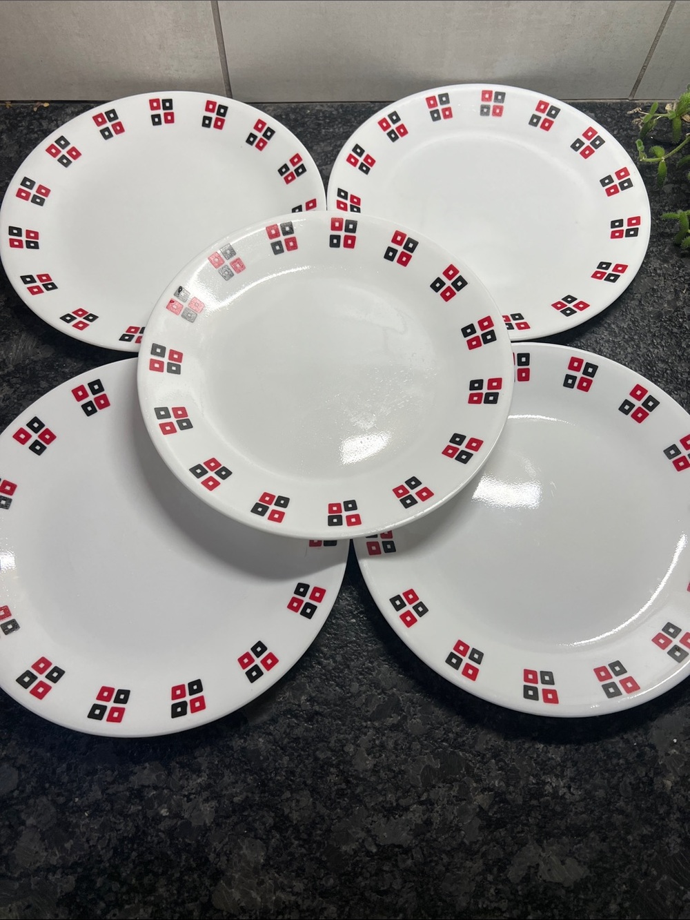 Corelle Luncheon White Ceramic Dinner Plates with Red and Black Geometric UPTOWN